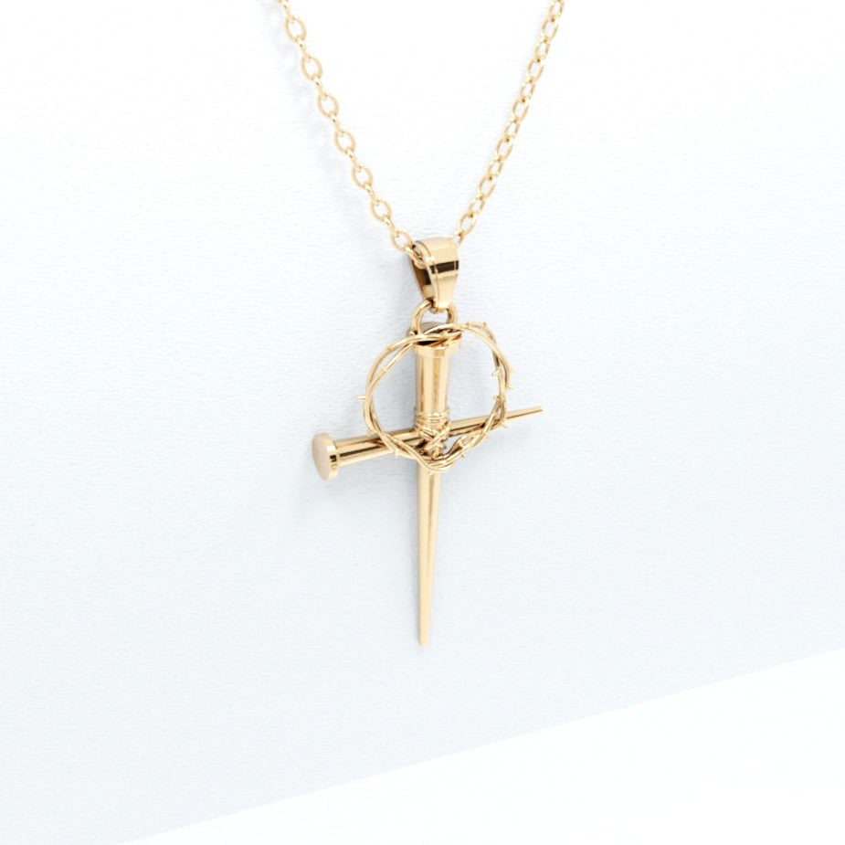 Nail & Crown of Thorns Cross Pendant - 10k 14k Gold