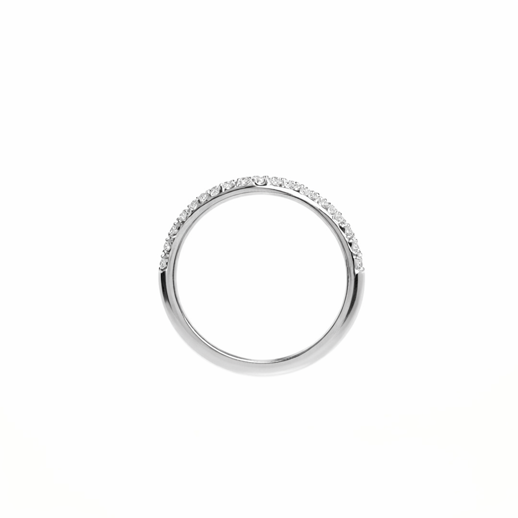 Silver ring with small diamonds on a white background