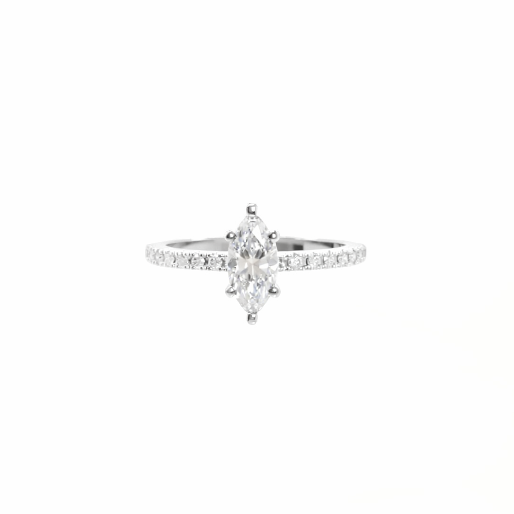 Diamond ring with a marquise-shaped center stone on a white background