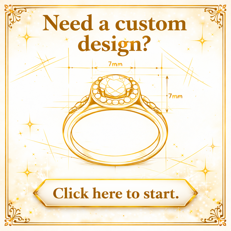 Gold ring design with measurement details and text on a light background