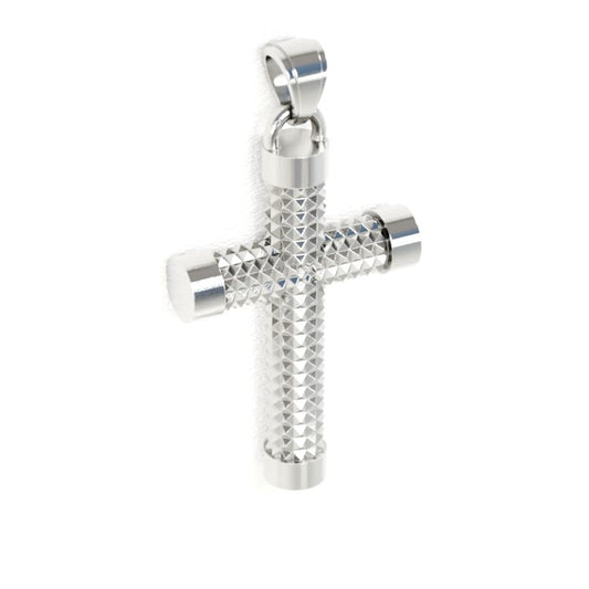 Silver cross pendant on a white background