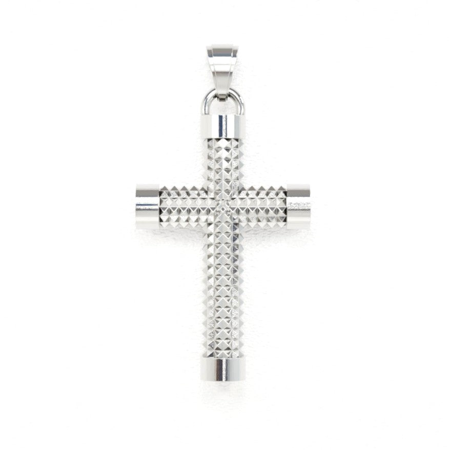 Silver cross pendant on a white background
