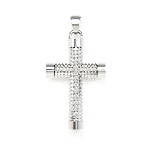 Silver cross pendant on a white background