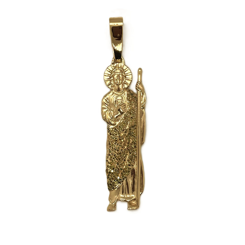 Gold pendant with a religious figure on a white background