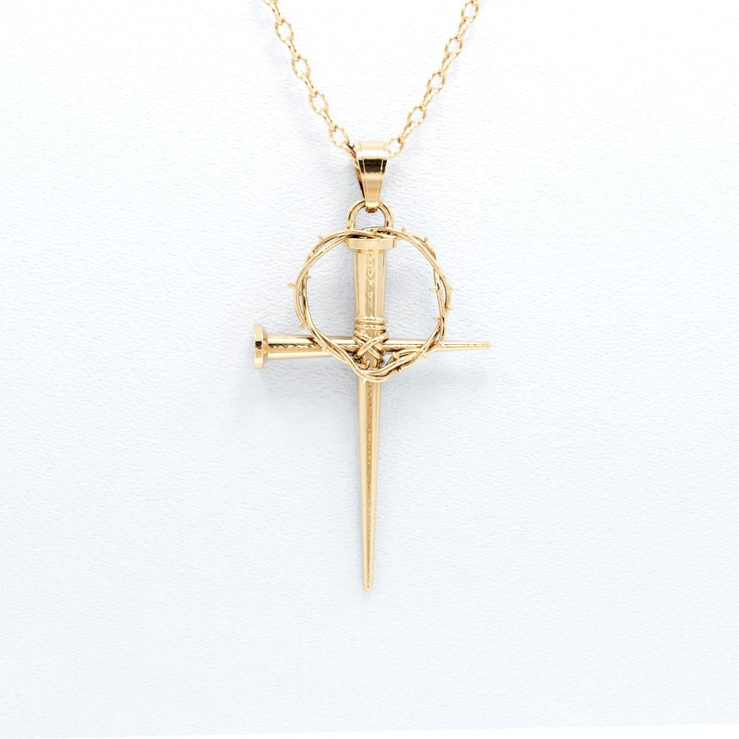 Nail & Crown of Thorns Cross Pendant - 10k 14k Gold