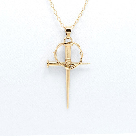 Nail & Crown of Thorns Cross Pendant - 10k 14k Gold