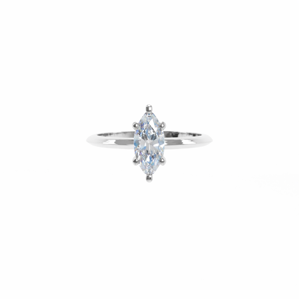 Marquise-shaped diamond ring on a white background