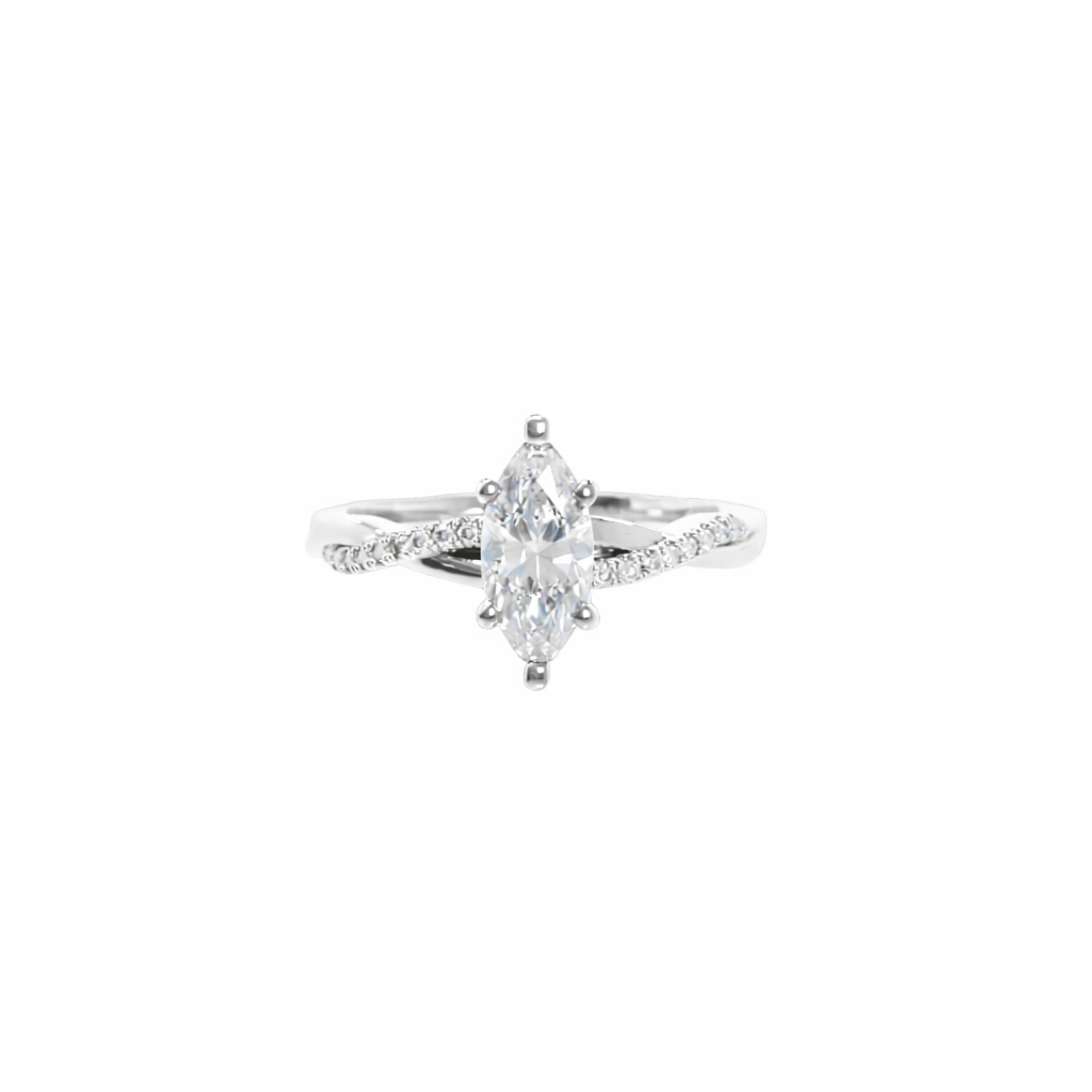 Diamond ring with a pear-shaped center stone on a white background