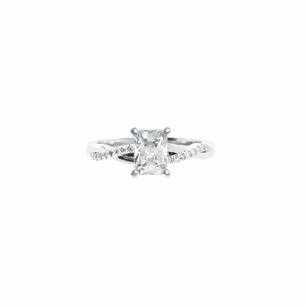 Silver ring with small diamonds on a white background