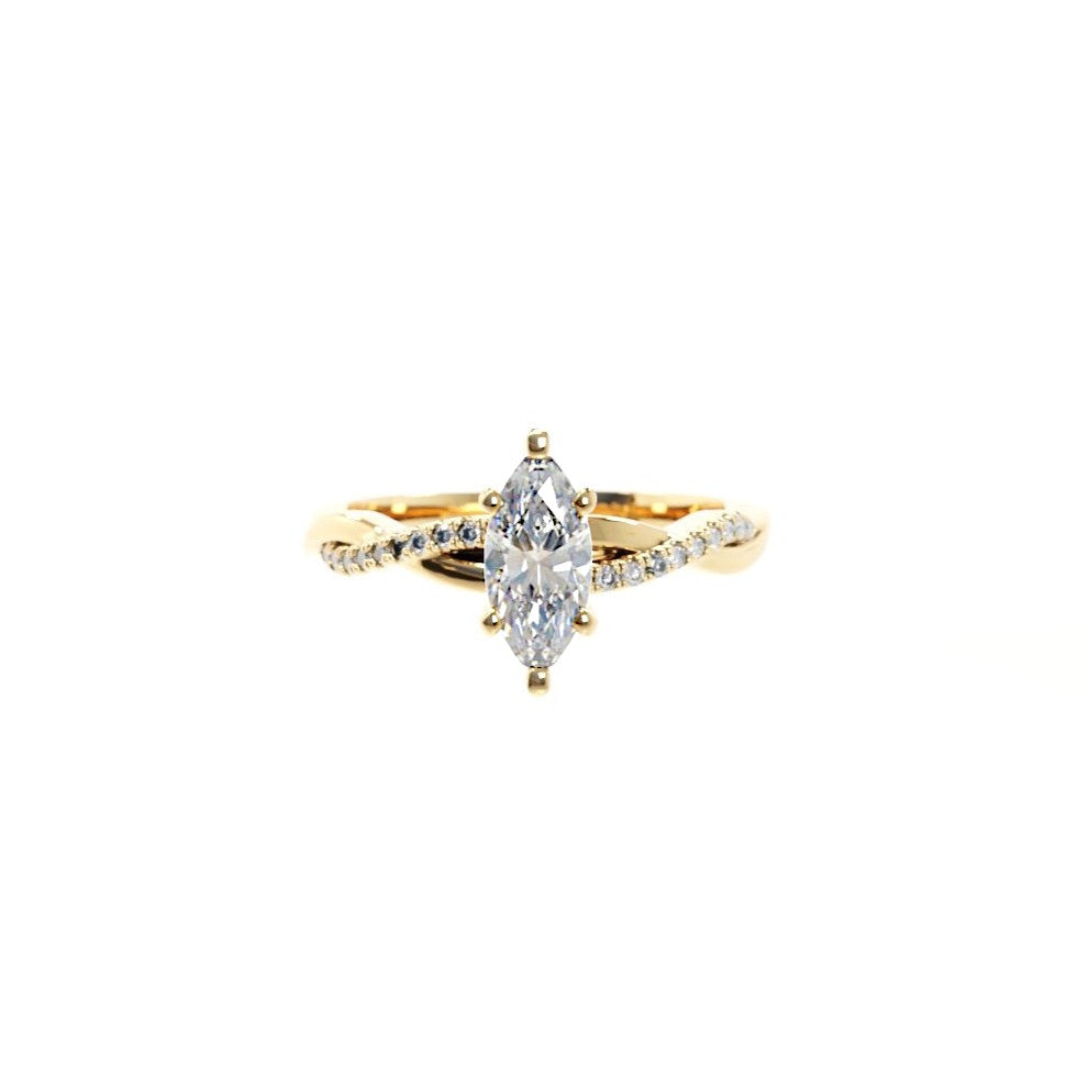 Gold ring with a large marquise-shaped diamond on a white background